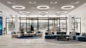 redesign modern lobby reception,seating lounge, glass facade,led light,staircase