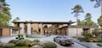 visualize 3d brick villa, wood facade design, bedrock, circular driveway render