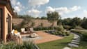 create a  landscape design, garden design, backyard, pool, and terrace