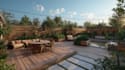 backyard landscape design with pool, patio, and garden 3d rendering