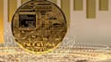 create realistic 3d gold crypto coin spinning loop, circuit board, custom chips