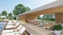 render 3d pool with terrace and cafe, revitalize pave area, cgi bathhouse design