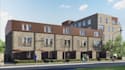 repurpose office for apartment complex,brick facade, urban environment rendering