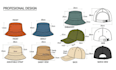 do cap tech pack, cap design mockup, bucket hat design, cap for manufacturing