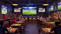 create a realistic 3d sports bar render with led screen display setup