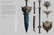 design concept art of weapons and items