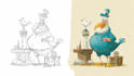 sketch, outline and color cartoon illustrations