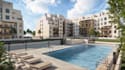 render urban building development, site landscaping, cgi exterior, aerial view