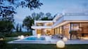 refine 3d cgi cottage villa exterior, modern chalet house interior, pool render