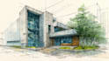 sketch architecture building with watercolor rendering