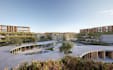 3d apartment visualization, urban housing development, exterior pool area render
