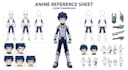 create an anime character reference sheet with clean turnaround