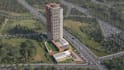 design modern high rise building, office tower rendering, topo landscape layout