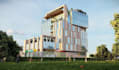 cgi high rise retail office,multi purpose house,3d glass facade,landscape render