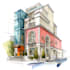 sketch architecture building with watercolor rendering