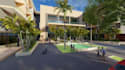 function hotel building,3d site plan,parking space, commercial facilities render