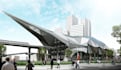 realistic3d modern link station exterior,train track design,pathway render,revit
