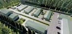 provide 3d space render,industrial retail,warehouse exterior layout,loading dock