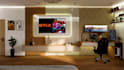 design modern 3d TV wall units with wood slats rendering