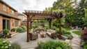 design landscape, backyard, pergola, patio with realistic rendering