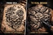 design a detailed custom full back tattoo, japanese, blackwork