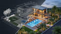 design 3d rendering backyard landscape, patio, pool, garden plan