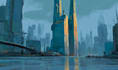 draw a dark cyberpunk city with rain