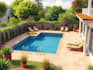 design landscape, terrace, backyard, pool, and patio