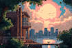 create pixel art background, landscape, illustration