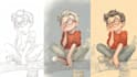 sketch, outline and color cartoon illustrations