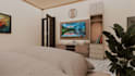 design a cozy modern bedroom interior with realistic 3d rendering