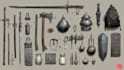 design concept art of weapons, armor, items
