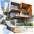 sketch architecture building with watercolor rendering