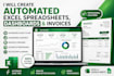 create automated excel spreadsheets, dashboards and invoices