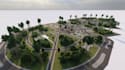 revamp modern public park, pedestrian walkway design, playground space rendering