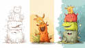 sketch, outline and color cartoon illustrations