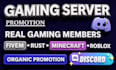 do gaming server promotion, fivem, minecraft, rust, discord server promotion
