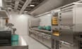 optimize 3d commercial kitchen interior, industrial cooking space, layout render