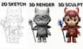 convert 2d design to quality 3d model, 3d character design, 3d printable design