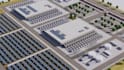 convert 2d to industrial solar panel, warehouse layout, drone site cgi rendering