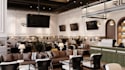 do luxury restaurant interior design, lounge, cafe 3d render and bar cgi