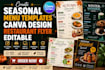 create seasonal menu templates, canva design, restaurant flyer, editable