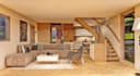 renew 3d cabin house exterior,chalet interior cgi render, rustic interior design