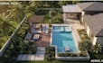 design backyard, pool and outdoor living space with realistic 3d lighting render