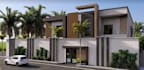 revisualize modern villa, facade landscape, built home plan, detached residence