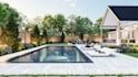design backyard landscape with patio, deck and 3d rendering