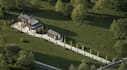 cinematic 3d riverside haven residence,modern barnhouse,site plan visualization