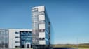 render realistic 3d glass office building facade,  landmark workspace facility