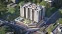 visualized mixed use building,mutil story apartment, external render,streetscape