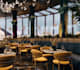 stylish restaurant, cafe interior design with realistic 3d render, bar,2d layout